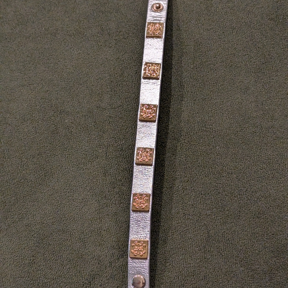 Rustic Cuff silver leather bracelet, logoed gold plates with button clasp